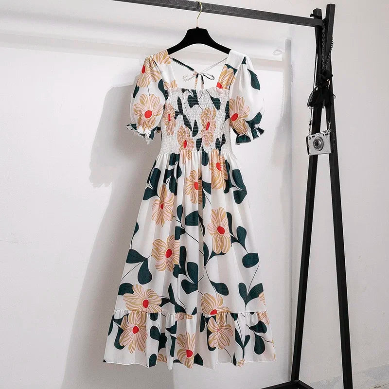 Vestido Casual Feminino Chiffon Estampado com Mangas Pétalas – Conforto e Elegância para a Primavera e Verão