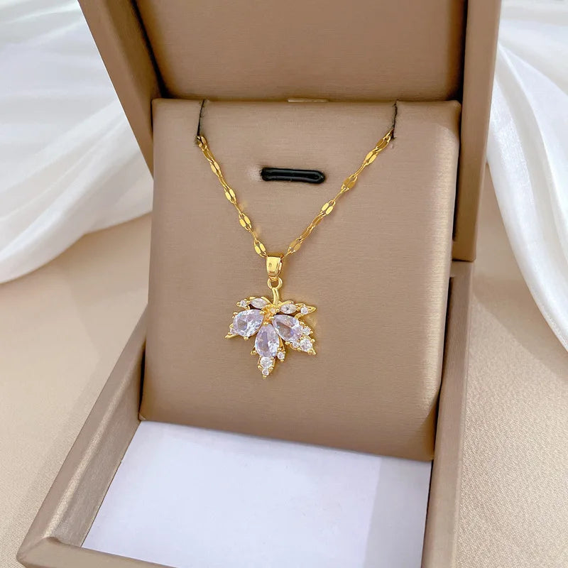 Fashion Micro-inlaid Necklace Earring Set Light Luxury Maple Leaf Personality Temperament Banquet Earrings Clavicle Chain